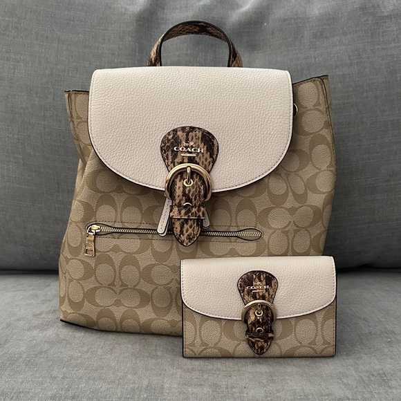 Coach Handbags - Coach Kleo Beige and Cream Signature Backpack with matching Wallet NWOT